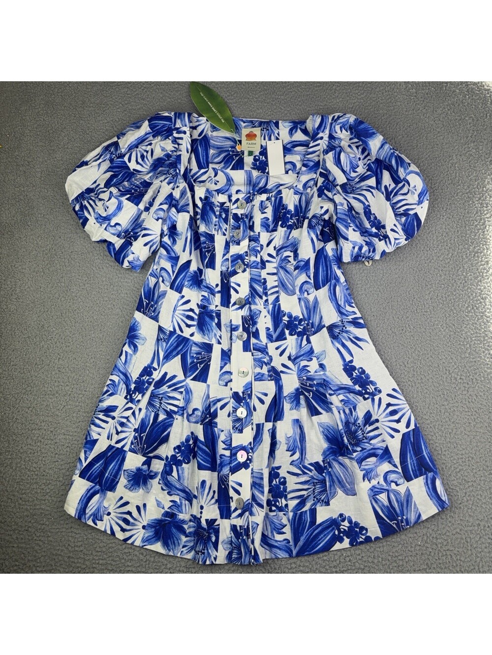 Farm Rio Linen Garden Tiles Plaid Off-White Mini Floral Dress Women’s Size L NWT